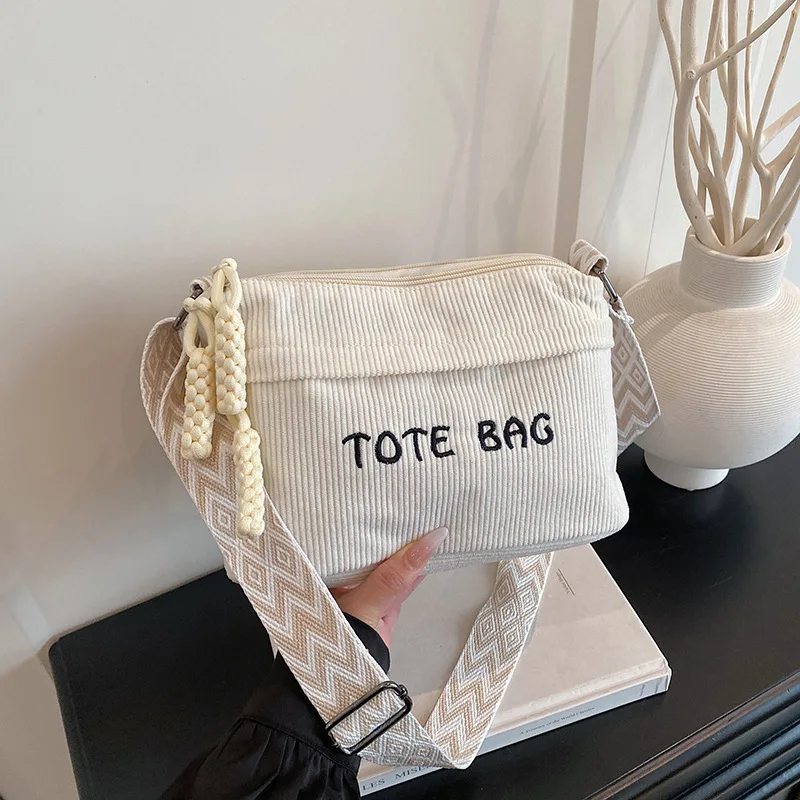 Women's Plush Fleece Tote Bag with Adjustable Strap Corduroy Handbag Shoulder Crossbody Bag Zipper Closure Golden Tone Hardware