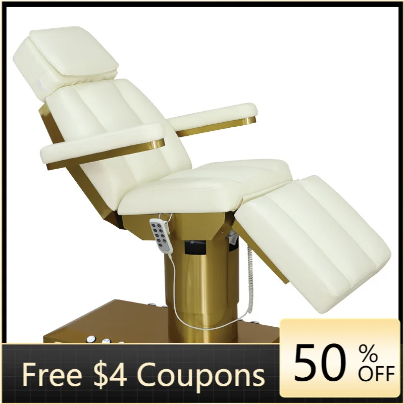 Electric Tattoo Beauty Chair Cream PU Golden Metal Base 3 Motors Face Hole Remote & Foot Control LED Light Reclining Cosmetic Ch