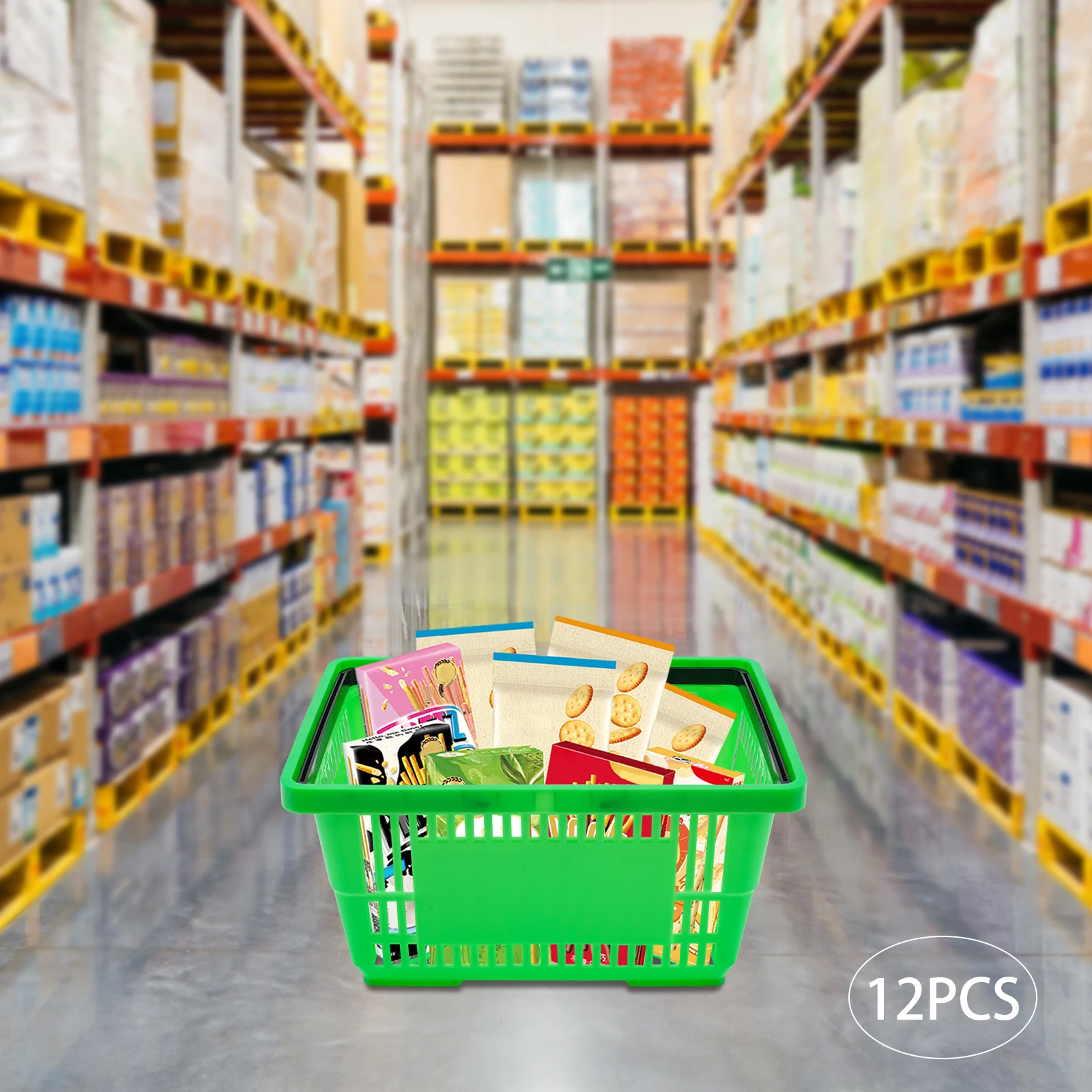سلة تسوق سوبر ماركت محمولة باللون الأخضر مكونة من 12 قطعة، سلة تخزين سعة 7.4 جالون/28 لترًا بمقبض (44.09 رطلًا) #3