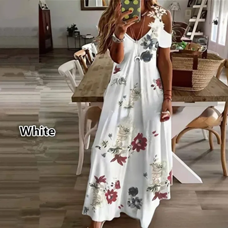 Women Floral Print Maxi Dress Boho Lace Sling Hollow Out A Line Long Dress Ladies Casual Loose V-Neck Beach Party Dress Vestidos