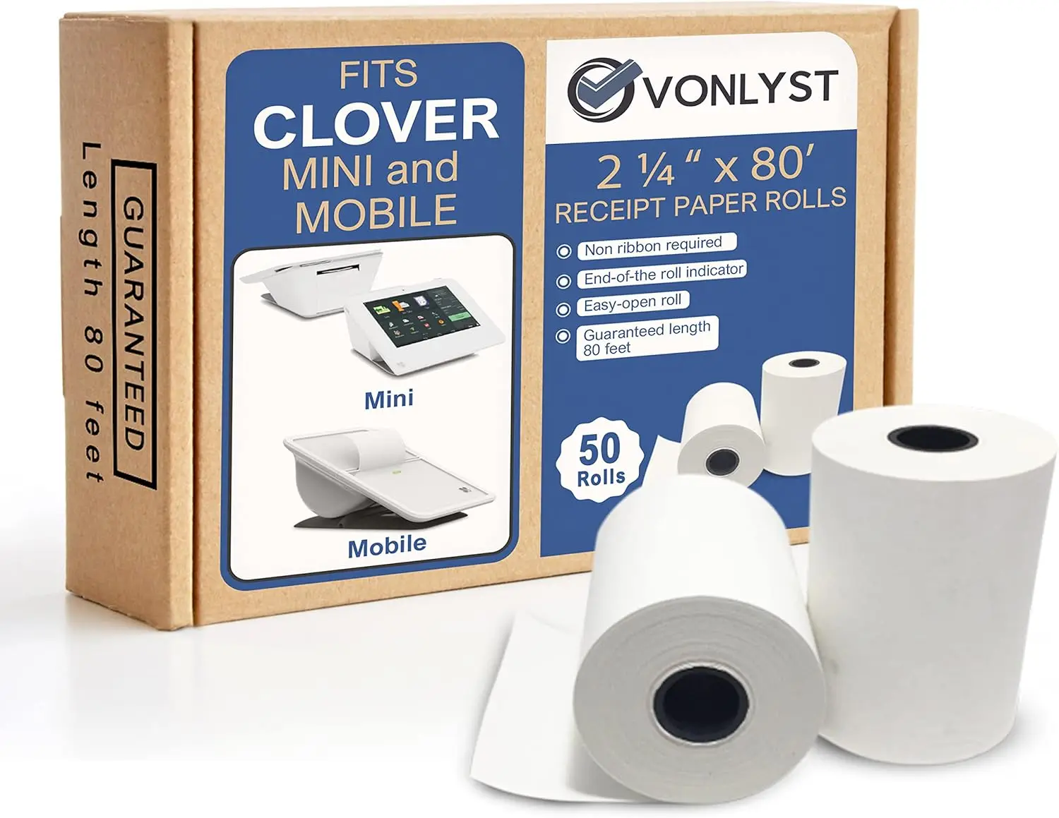 

Thermal Receipt Paper Rolls, 2 1/4” x 80’ BPA-Free, Compatible with Clover Mini & Mobile, C200-C305 POS Printers, 50 Rolls