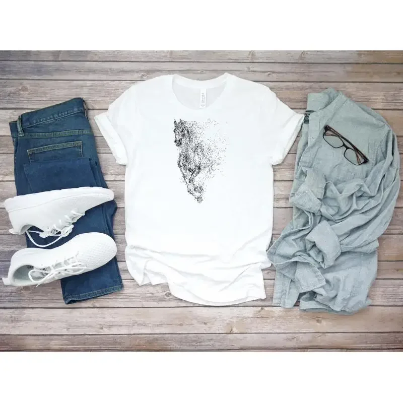 Camiseta con dibujo de caballo con puntos, blanca, para hombre, K169