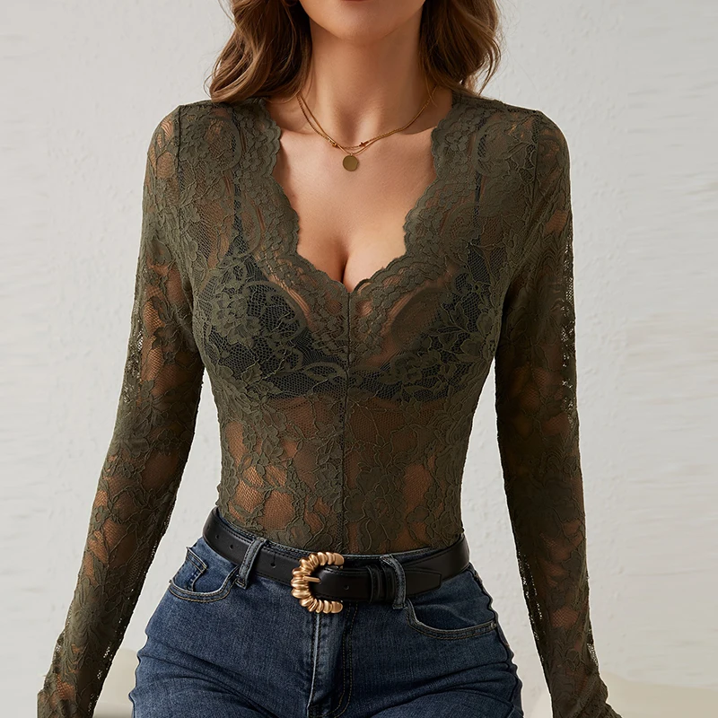 Sexy Lace T Shirt Women Elegant V Neck Slim Tops Female Fashion Solid Long Sleeve Shirts For Women Tee White Black — zdjęcie 5