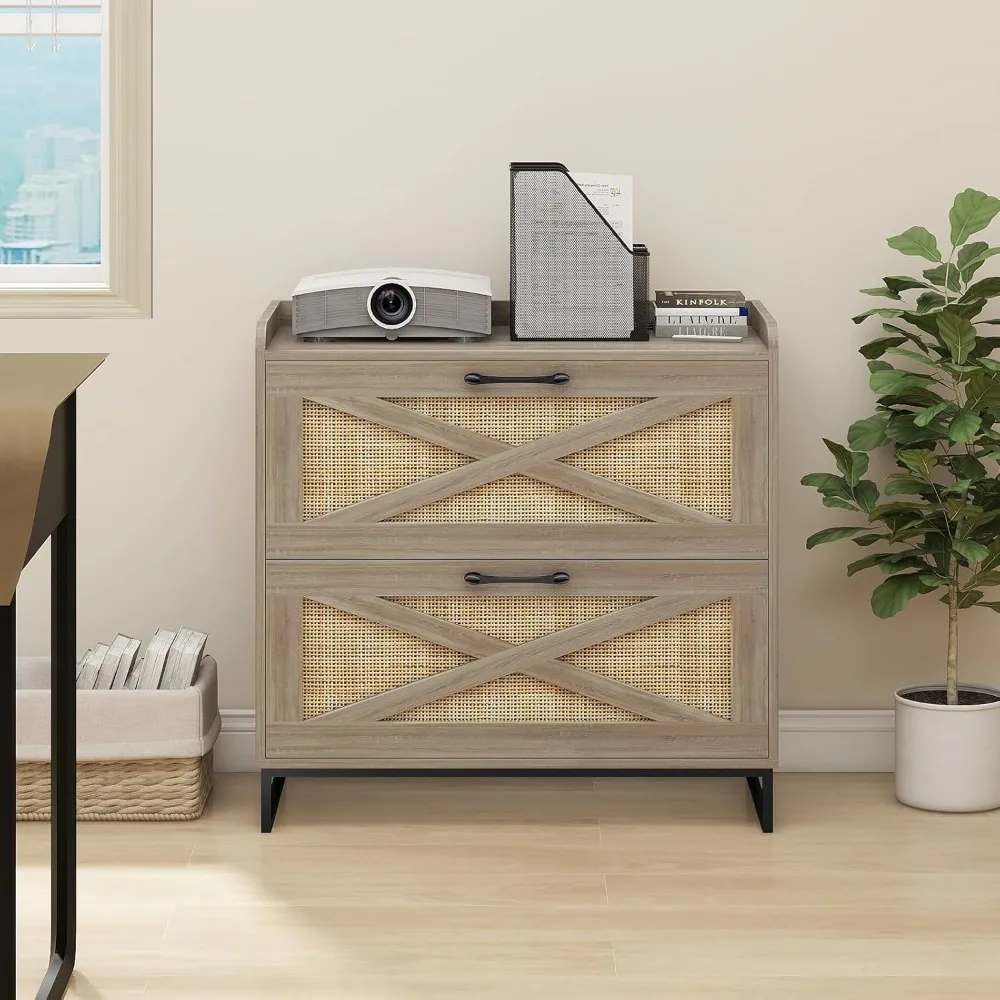 

2 Drawer Lateral File Cabinet, Rattan Filing Cabinet with Charging Station for Letter/Legal/A4 Size Hanging Files, Modern Farmho
