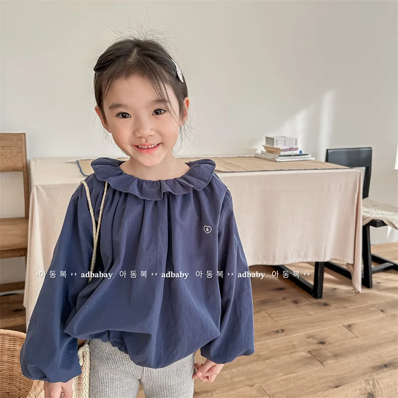 

2024 Spring New Baby Girl Long Sleeve Tops Children Cotton Shirts For Girls Lace Collar Blouse Kids Bat Sleeve Shirts 1-6year