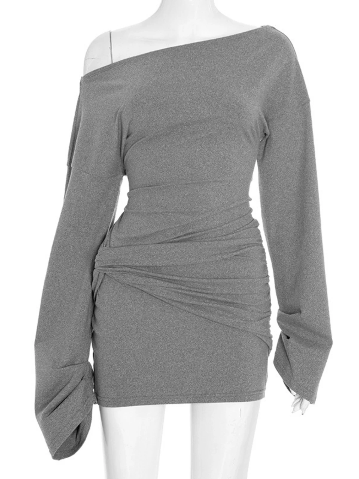 فستان قصير مكشوف الأكتاف باللون الرمادي من SsTss ملابس خروج نسائية سادة وأكمام طويلة بقصة ضيقة مكشكشة فستان حفلات ضيق ملابس نسائية