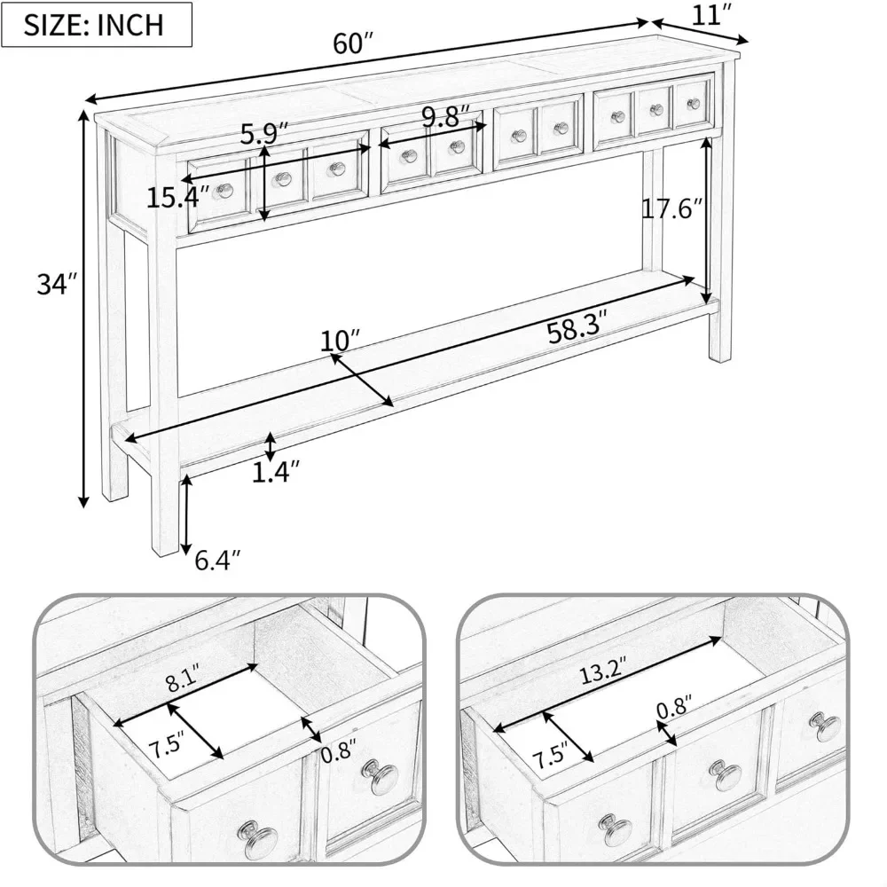 Rustic 60 Farmhouse Console Table with 4 Drawers, Open Storage Shelves, Vintage Metal Handles, and Narrow Design for Entryway