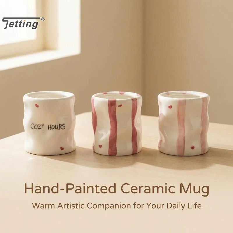 Hand Painted Striped Heart Ceramic Mug Irregular Wrinkle Shape Ins Style Coffee Cup For Home Office Afternoon Tea Time Use