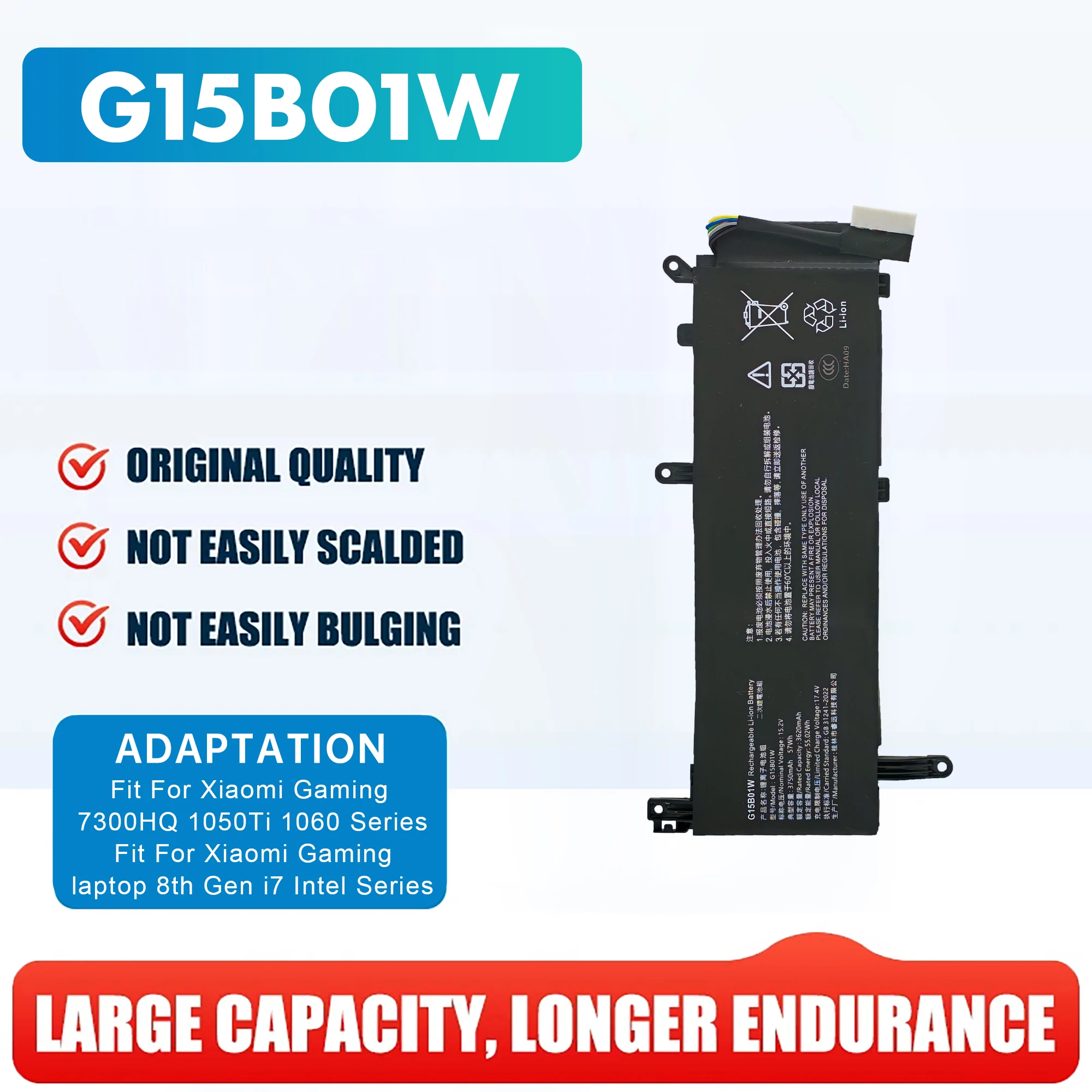 

Сменный аккумулятор для ноутбука G15B01W для XiaoMi Gaming 15,6 дюймов XMG1902 171502 TM1801 TM1705 15,2 В 3620 мАч 55,3 Втч