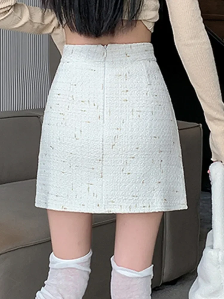 New Fashion Women Autumn Winter Versatile Slim High Waist Tweed Short Skirt Small Fragrant Style Single Breasted A-Line Beaded S