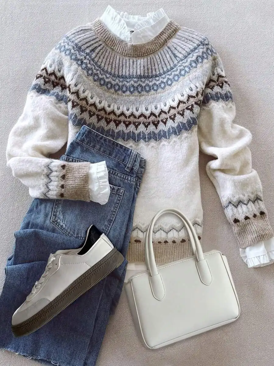 

Женский свободный свитер с круглым вырезом и геометрическим узором Fair Isle