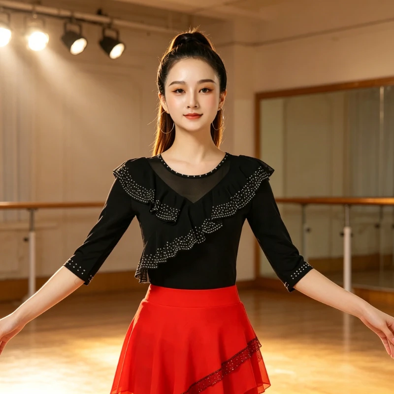 

Elegant Flounced Half Sleeve Dance Shirt Multi Color Loose Ballroom Square Dance Apparel Stylish Latin Jitterbug Stage Costume
