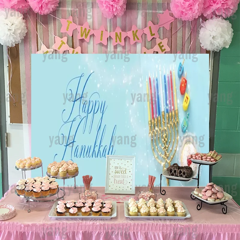 Colorful Candle Photography Backdrops Banner Menorah Party Laeacco Happy Rosh Hashanah Hanukkah Festival Poster Bread Background