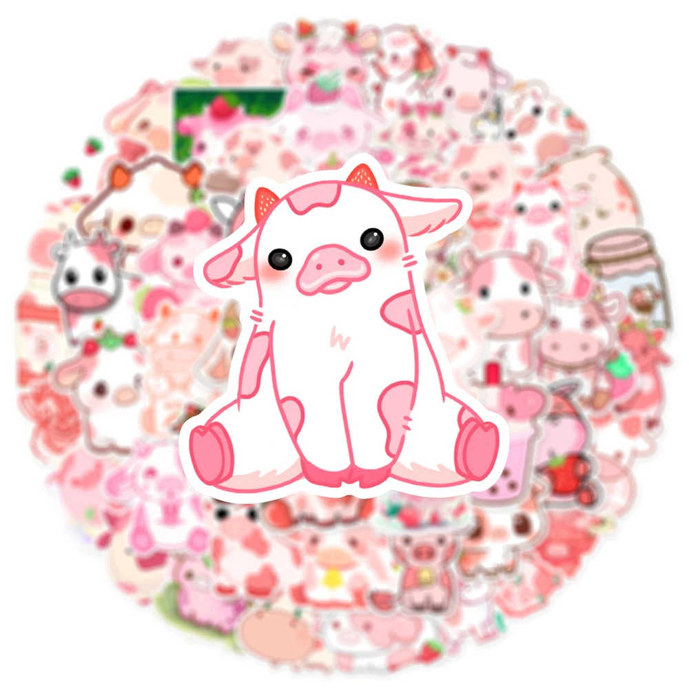 10/50Pcs Cartoon Cute Pink Cow Varied Stickers Pack for Kids Cup Travel Luggage Scrapbooking Notebook Decoration Graffiti Decals