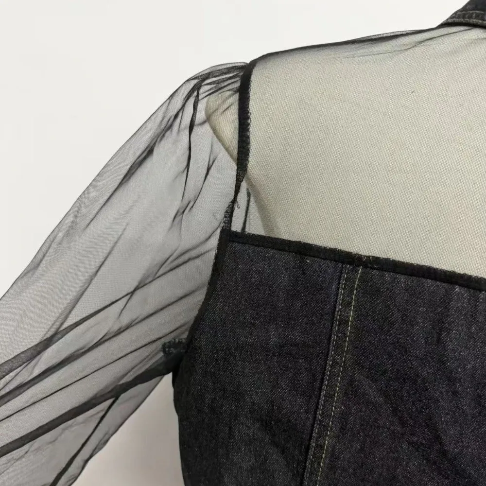 Fashion Mesh Denim Blouse V-Neck Casual Long Sleeve Top Loose Fit Button Down Shirt Women
