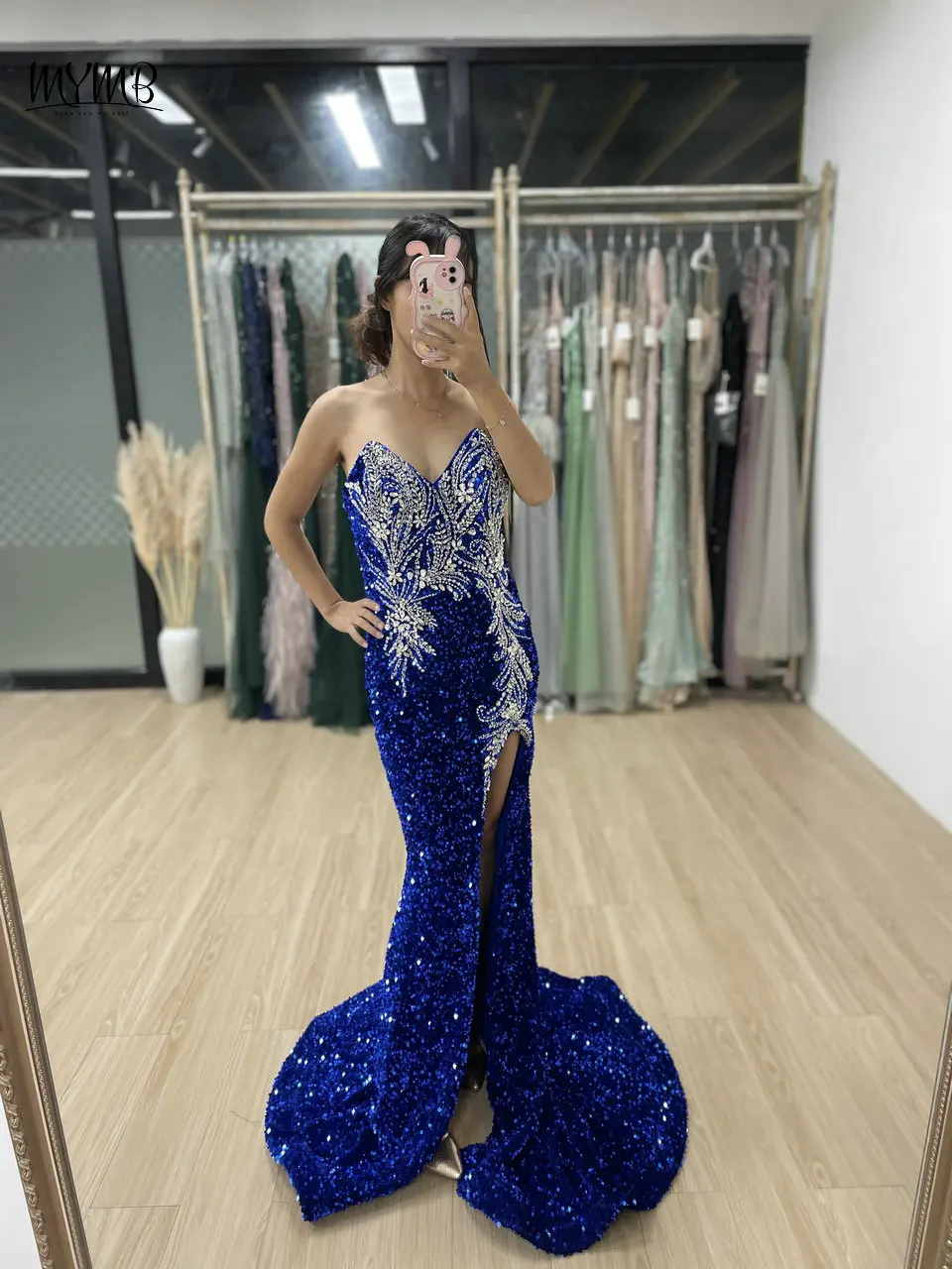 

MYMB Sexy Strapless Front Slit Royal Blue Prom Dress Stunning Shiny Sequin Padded Bodycon Evening Dress for Women Wedding Party