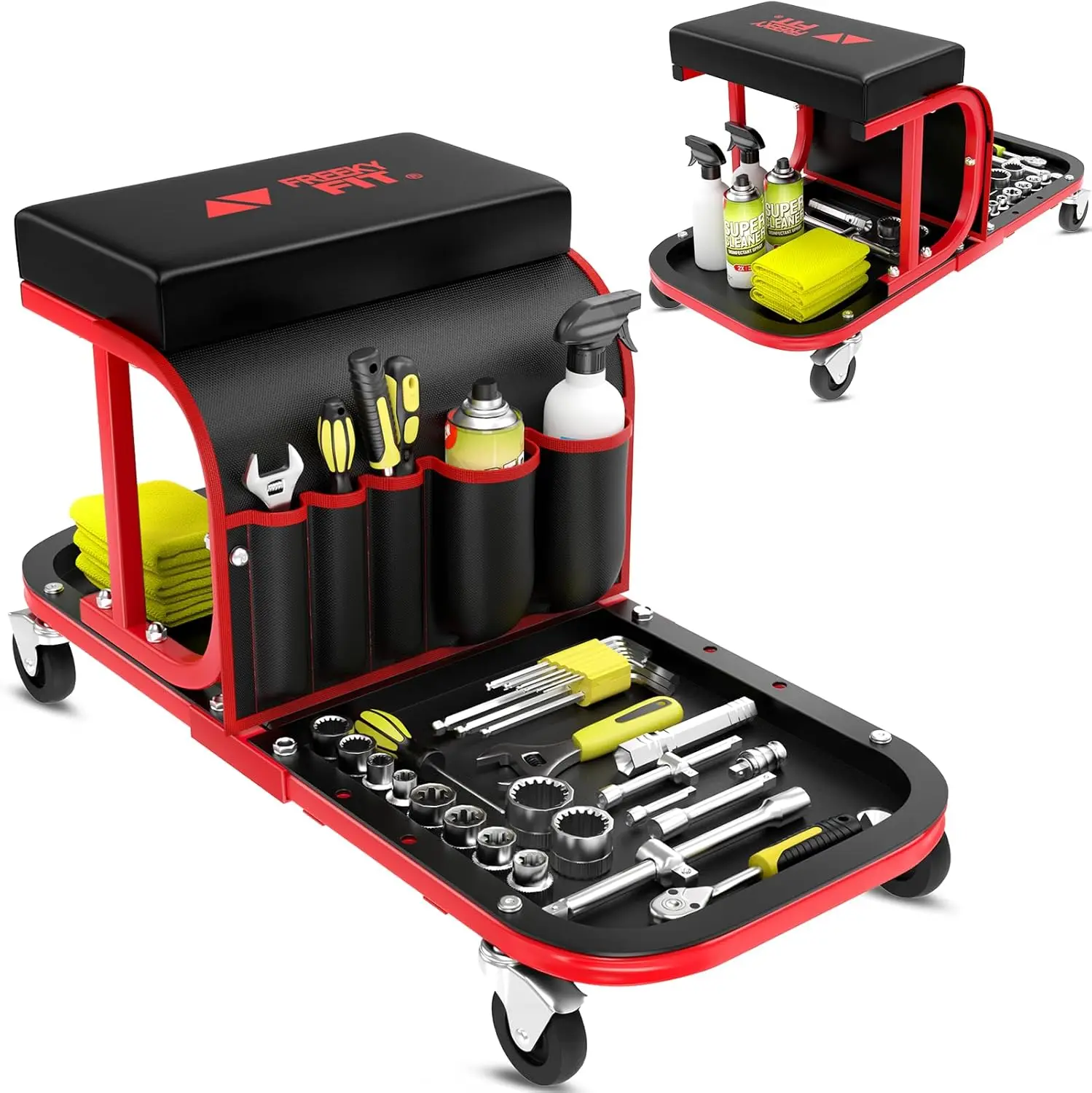 

Rolling Stool with Wheels, 300LBS Capacity, Tool Tray & Bag for Garage Workshop