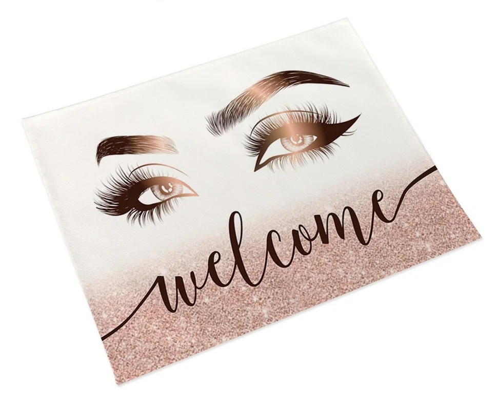 Women Eyelash Placemat Welcome Slogans Linen Dining Table Mats Coaster Pad Bowl Coffee Cup Mat 45x32CM Nordic Home Decor