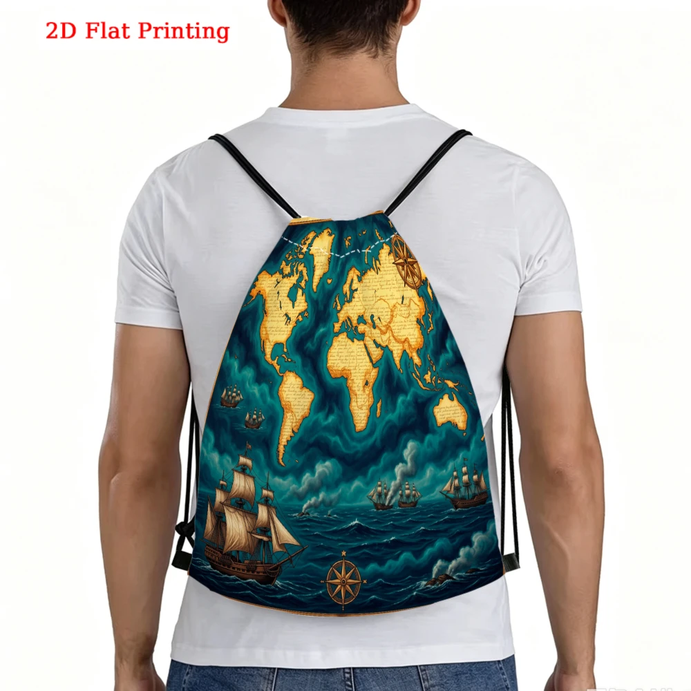 Vintage World Map Ocean Ships Drawstring Backpack, Travel Shoe Bag, Fitness Sports Backpack, Travel Outdoor Drawstring Bag