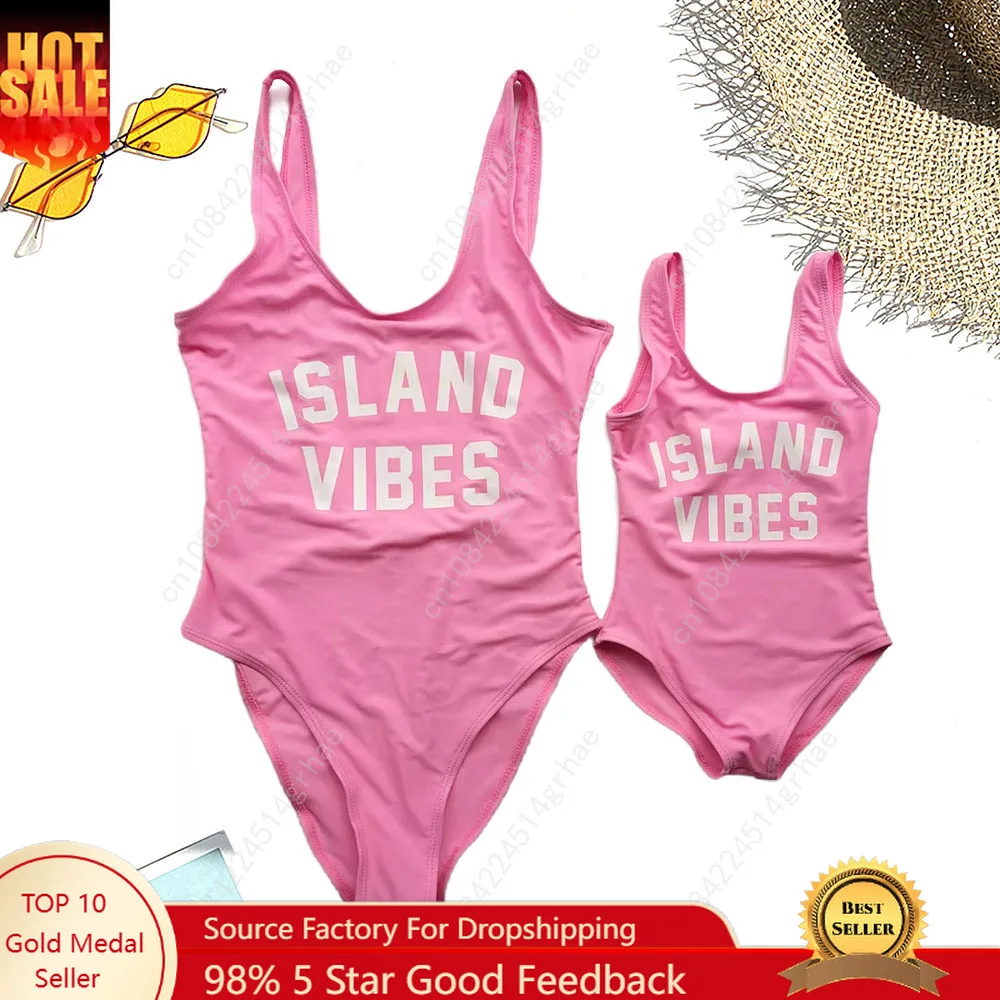 

New One-piece Swimsuit Parent-Child Swimwear Kids ISLAND VIBES Printed Swimsuit Girls' One Piece Swimsuits Children