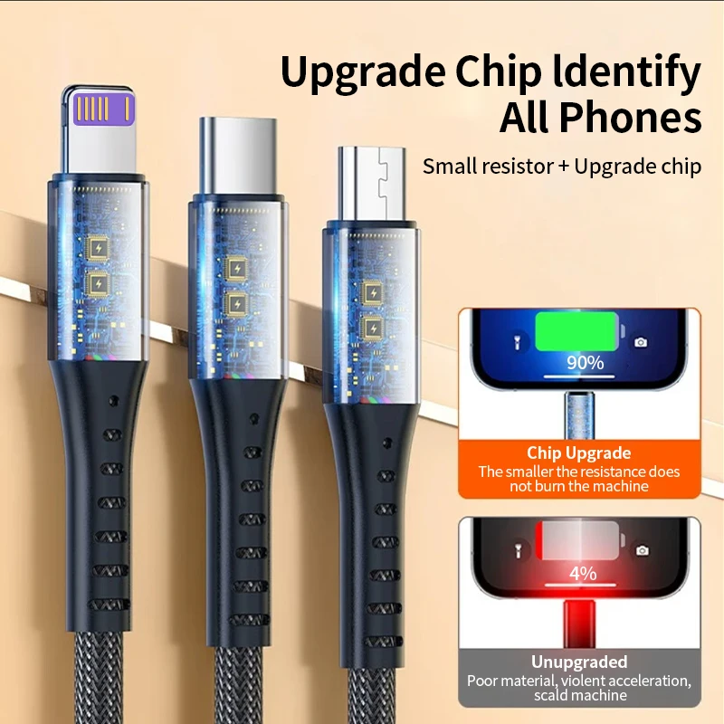 Cable de datos USB 3 en 1 de 120w, carga rápida Lightning Micro tipo C, línea de cargador para Iphone, Samsung, Huwei, Cable de teléfono móvil para coche