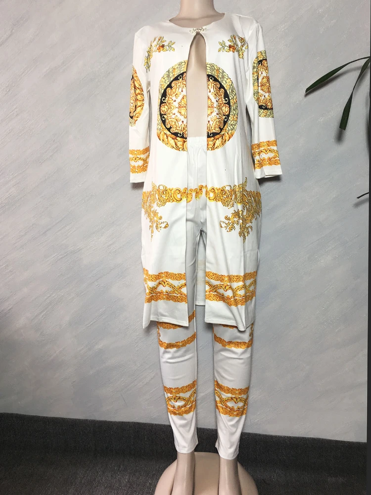 African 2 Piece Set Women Print Elastic Bazin Coat and Long Pant Rock Style Dashiki Office Lady Suit Tops and Legging 2pcs Suits