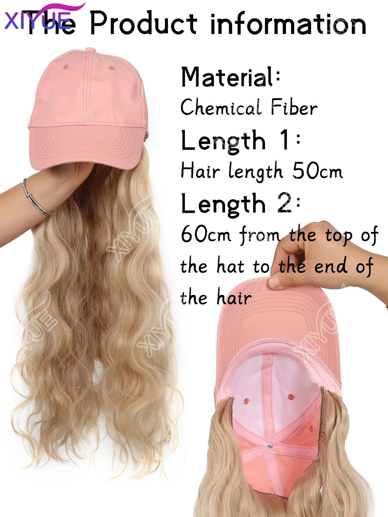 Pink baseball cap Synthetic wig hat one-piece female golden long curly hair baseball cap fashion cap wig XIYUE