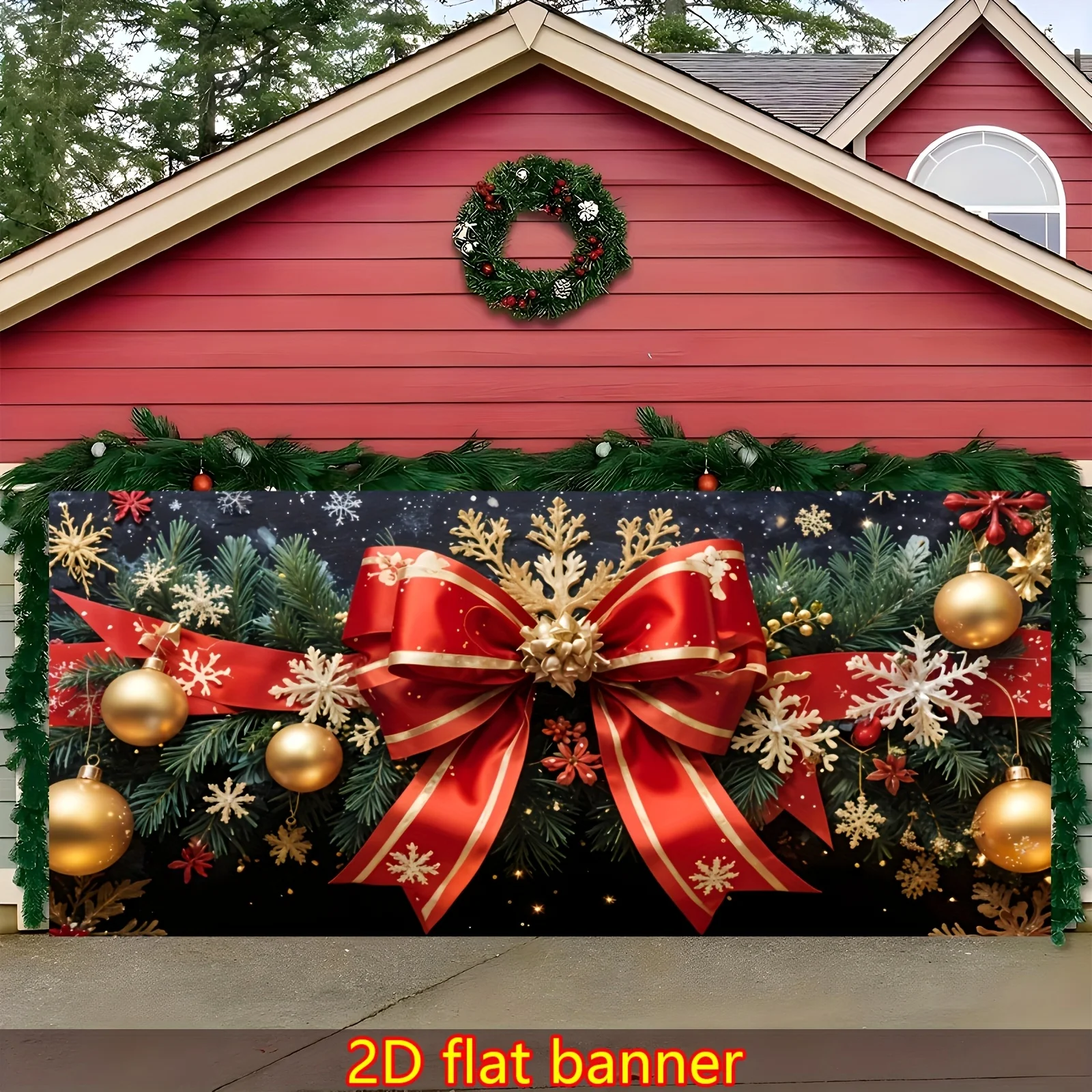 2D flat, Large Christmas Garage Background Banner, Red Bow Background Wall, Christmas Tree, Snowflakes, Christmas Balls Decorati