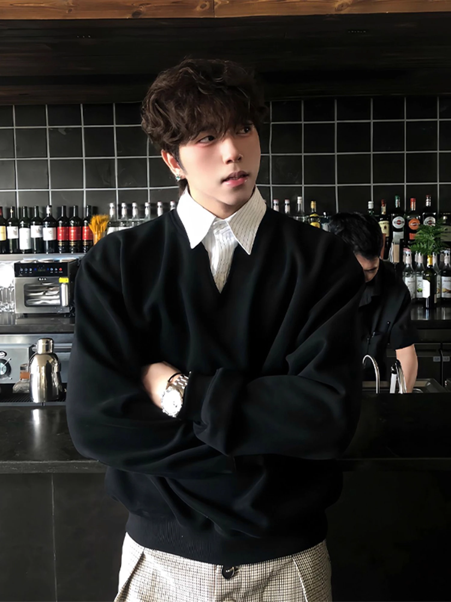 

Мужская толстовка College Sle V-Ne Long Sve Boxy Fit, повседневная толстовка в полоску, удобная смесь хлопка и полиэстера