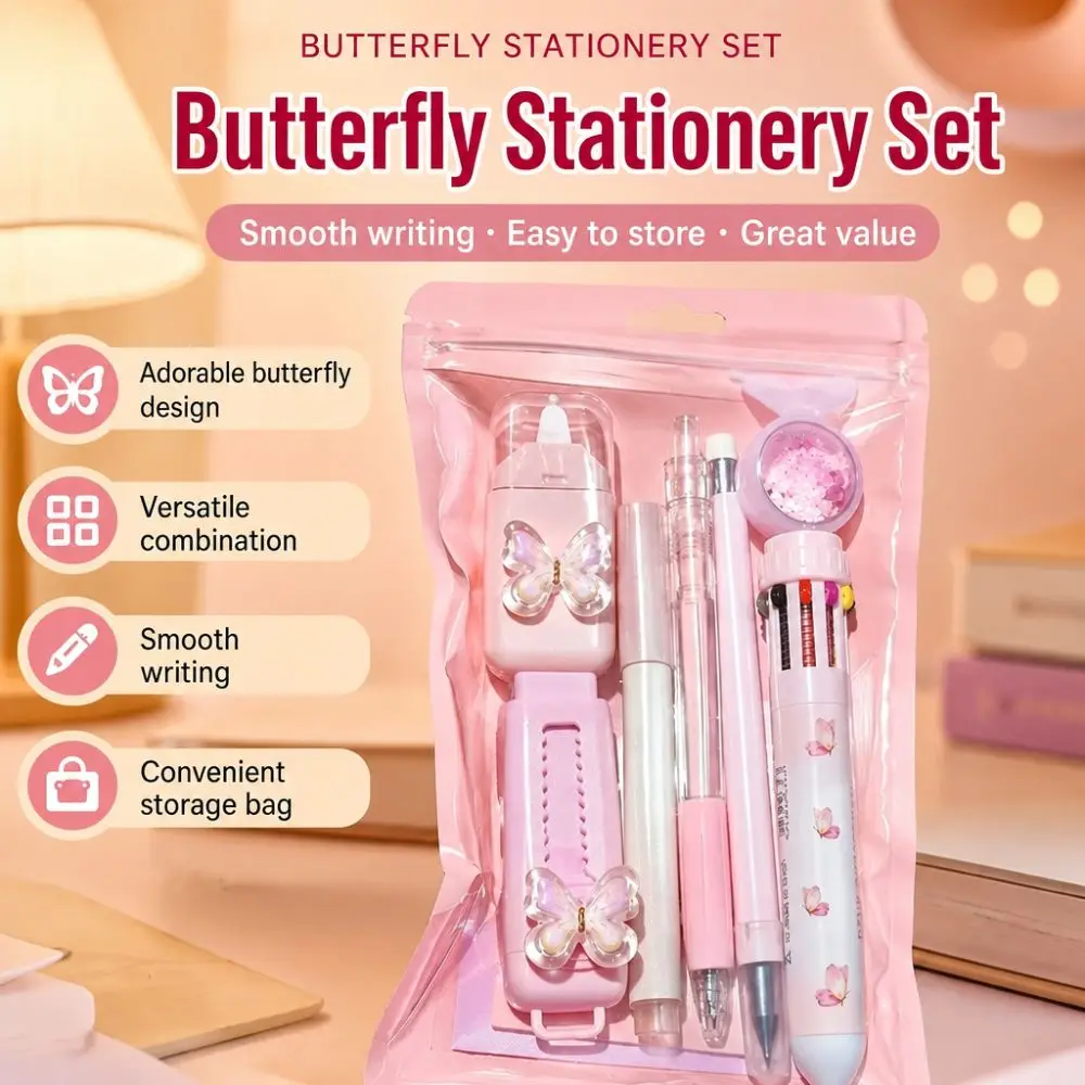 Durable 7 in 1 Stationery Set Butterfly Themed Complete Stationery Stationery Kit School Writing Kit Correction Tape Gift Prize