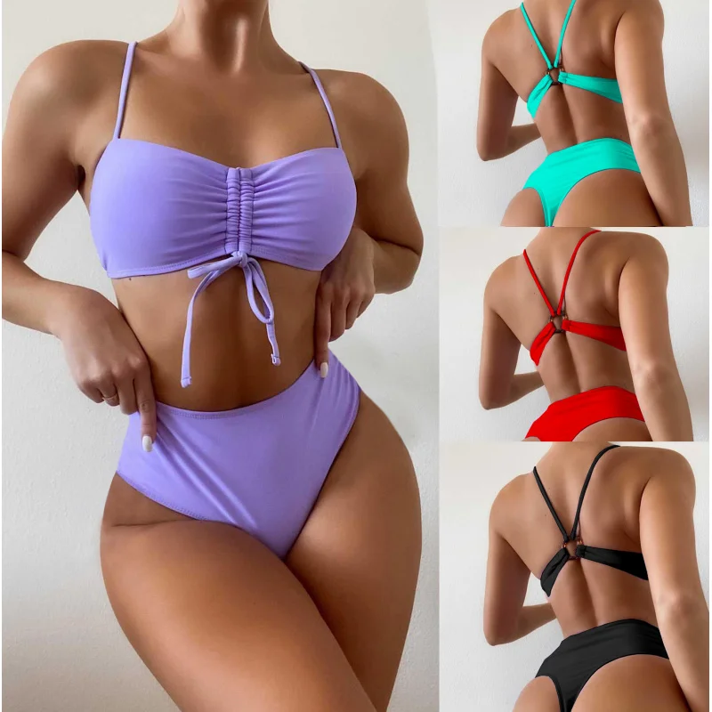 Women's solid color split swimsuit bikini lz192
