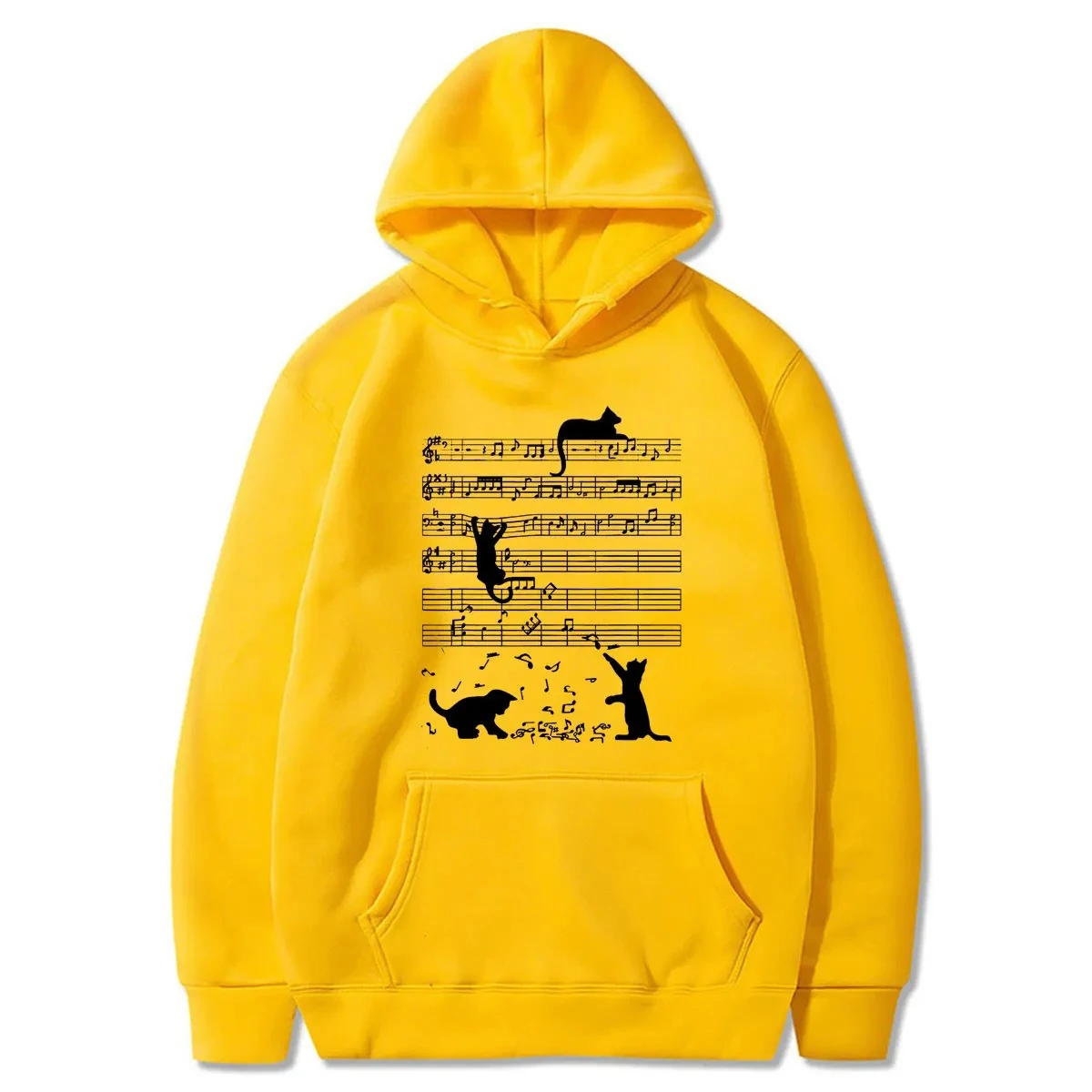 Funny Cat Playing Music Note Musician Art Piano Graphic Hoodie Fall Winter Women Fashion High Quality Streetwears Women Clothing
