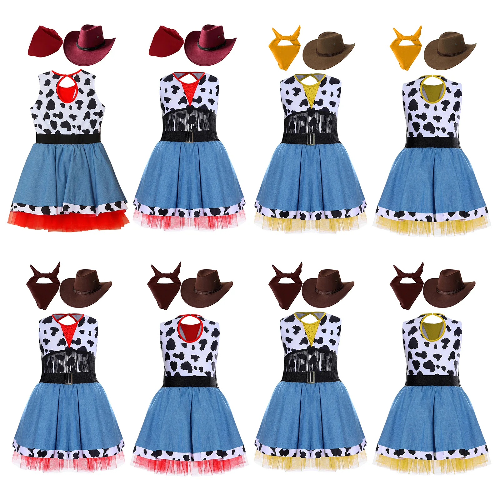 3 قطعة/المجموعة الفتيات هالوين راعية البقر الغربية فستان زي بلا أكمام البقرة طباعة هامش توتو فستان مع كاوبوي باندانا وقبعة #6