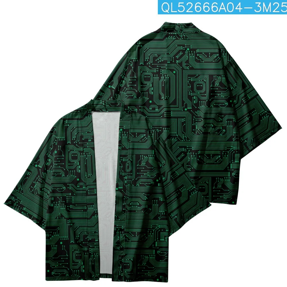 Haori Obi Beach Yukata Green Printed Kimono Women Men Cardigan Japanese Summer Shirt Asian Clothing