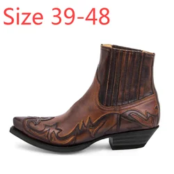 Men's Western Cowboy Boots For Men Embroidery Design Pointed Shoes Retro Ankle Steampunk Shoes Leather Boots Size 39-48