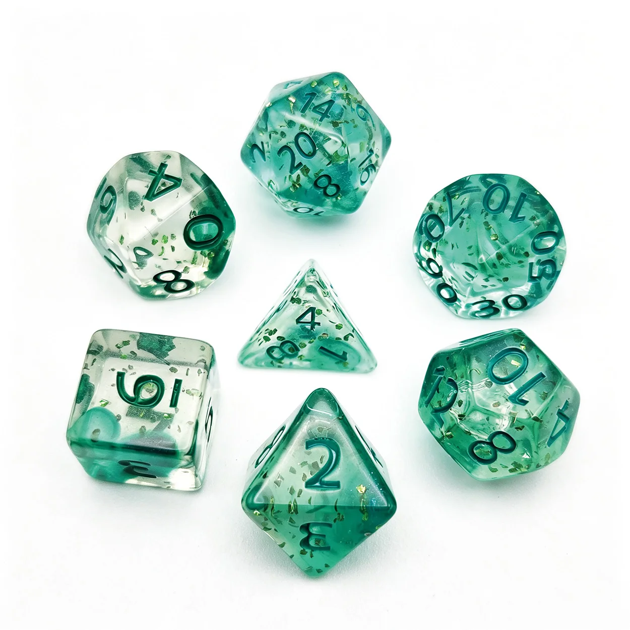 A set of 7 gradient-dyed, uniquely textured, embedded with red glitter, crystal-clear acrylic polyhedral dice, a holiday/birthday gift for board game enthusiasts