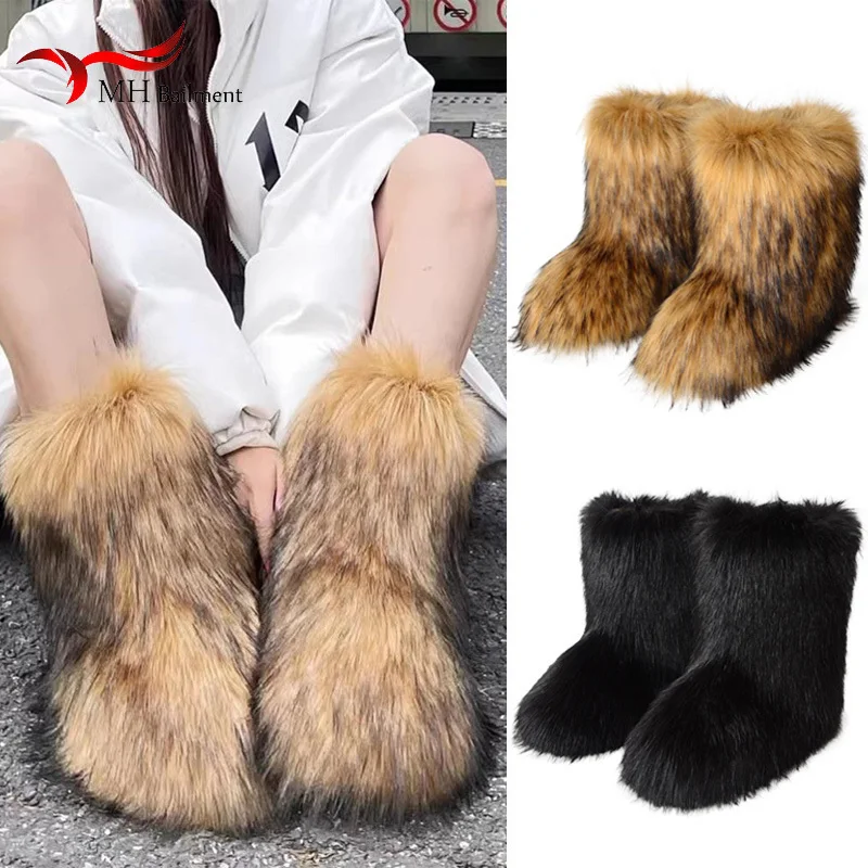 Winter Fuzzy Boots Women Brown Shoes Fluffy Faux Fur Snow Boots Plush Lining Slip-on Rubber Flat Outdoor Warm Fashion Footwear