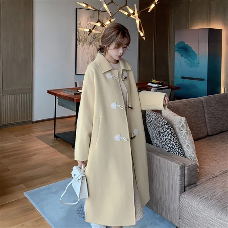 

Coat Women's Autumn Winter Solid Color Lapel Single Row Horn Button Woolen Jacket Long Top Simple Commuter Female Clothing ZM479