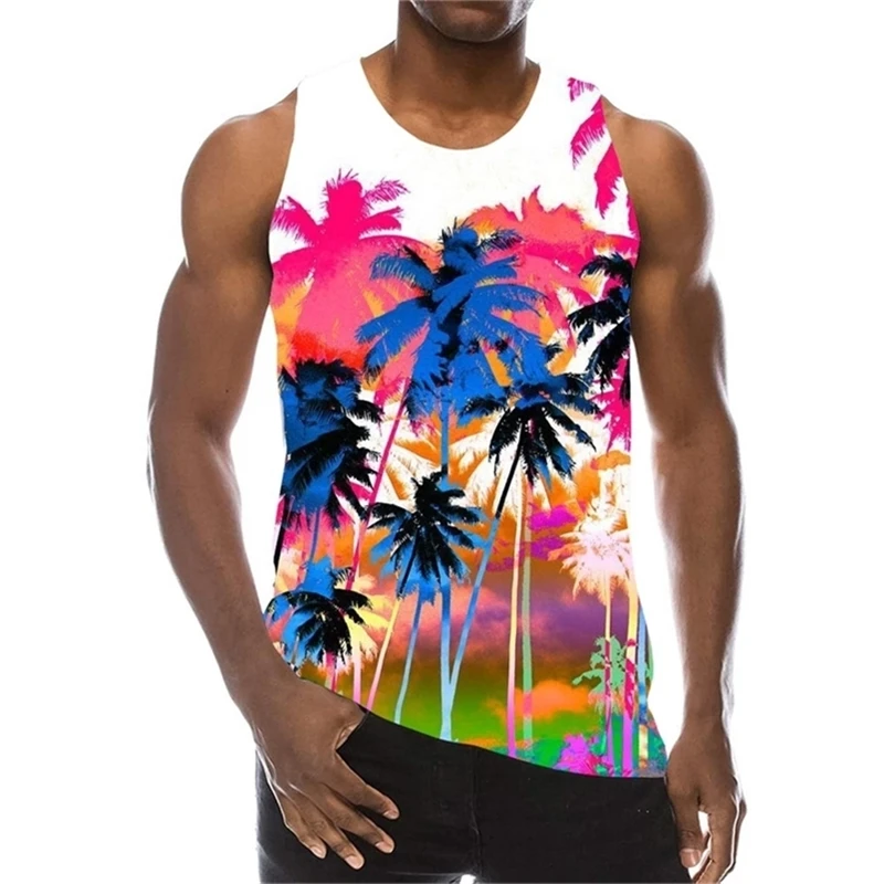 Graffiti Coconut Tree 3D Print Tank Top For Mens Vest Fashion Sleeveless T-shirt Summer Streetwear Cool Unisex Hawaii Tank Tops