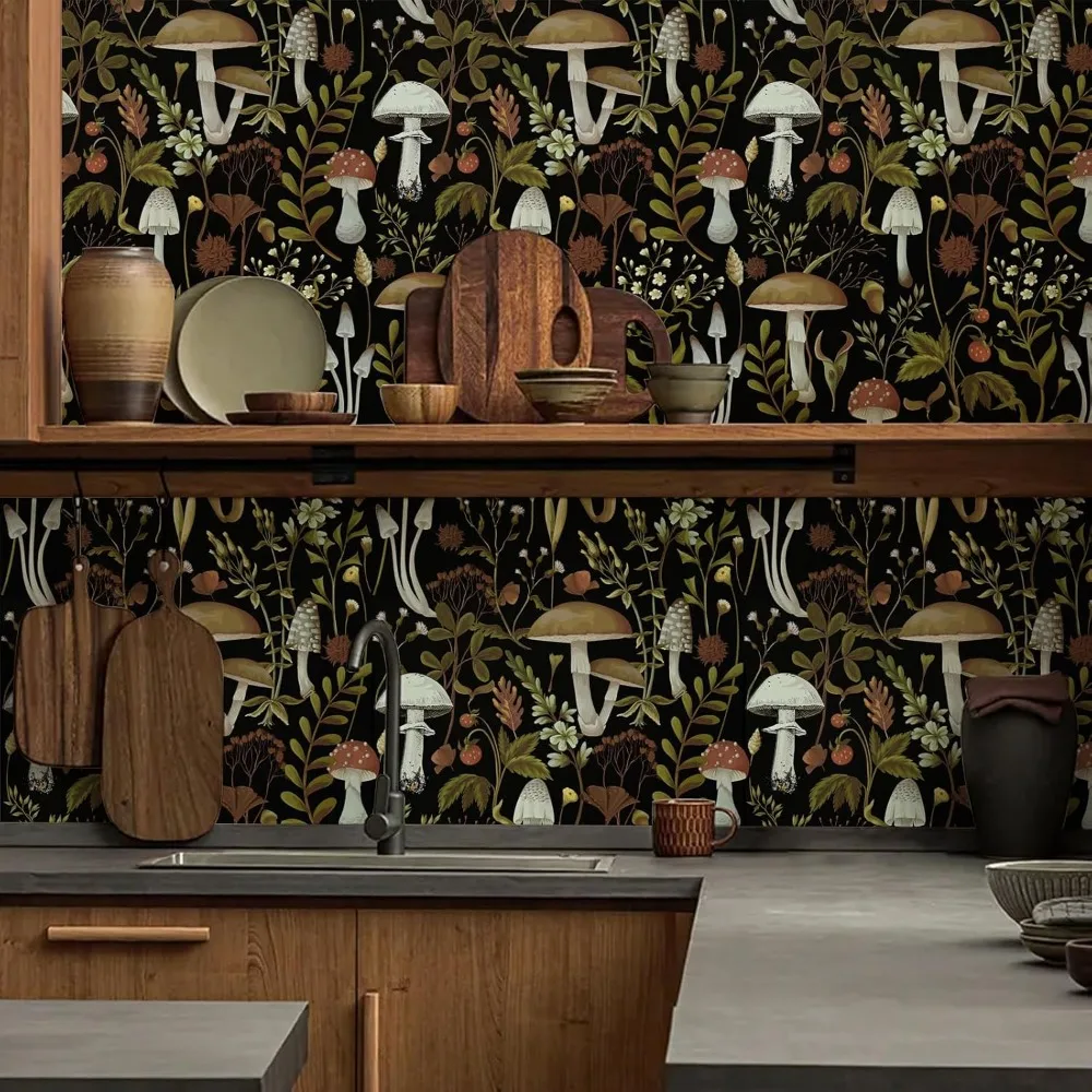Papel de parede de vinil com padrão de cogumelo boêmio floral – autoadesivo removível para banheiro e quarto, 17,3 x 9 polegadas