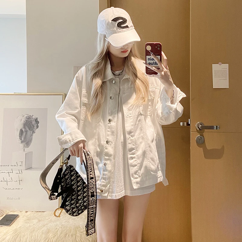 

Spring 2026 Women's Loose Fit Denim Jacket Korean Style plus Size Slimming Trendy White Versatile Spring Autumn Outerwear