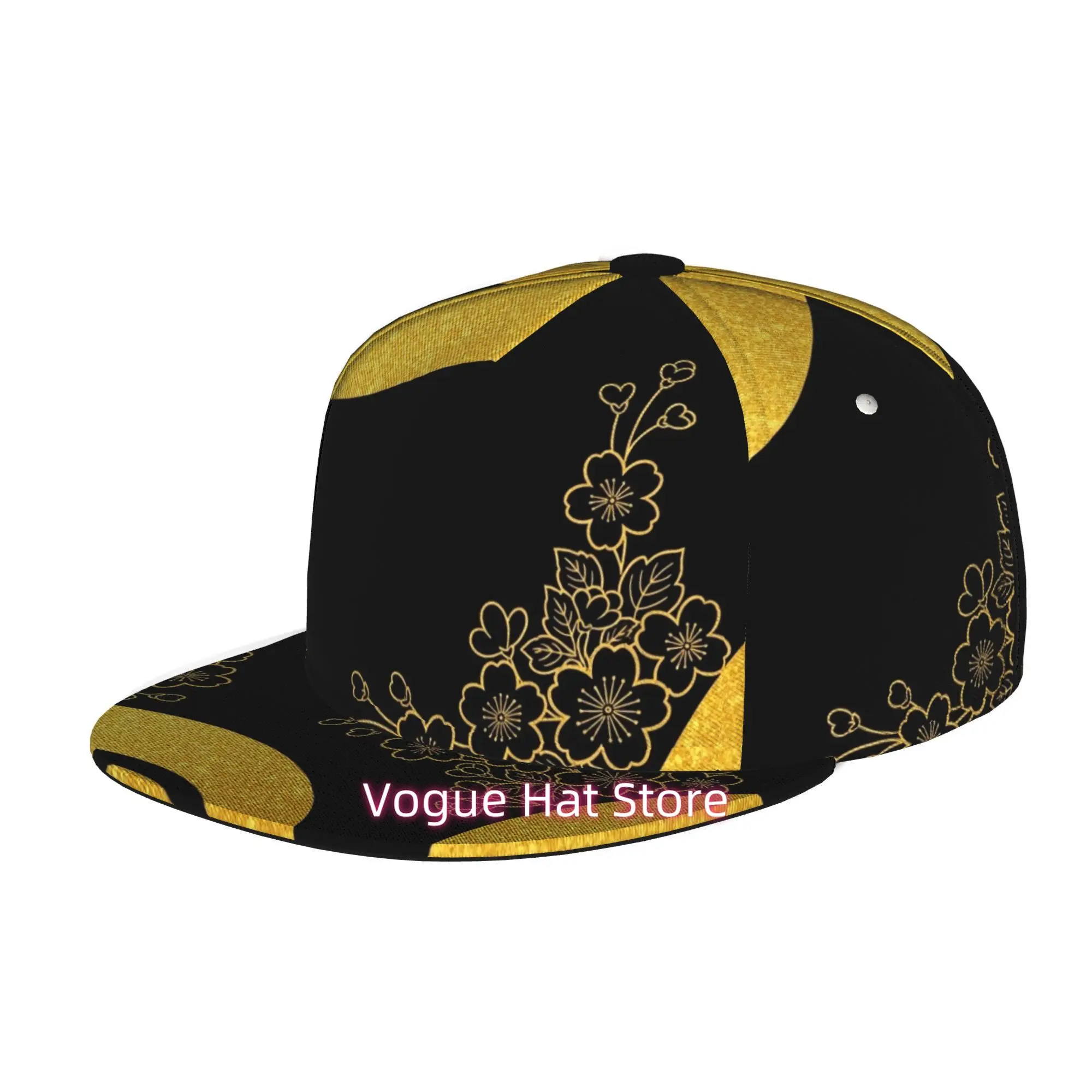 Men'S And Women'S Baseball Cap, Abstract Floral Pattern with Golden Accents Adjustable Snap-On Brim, Flat-Top Design - Suitable