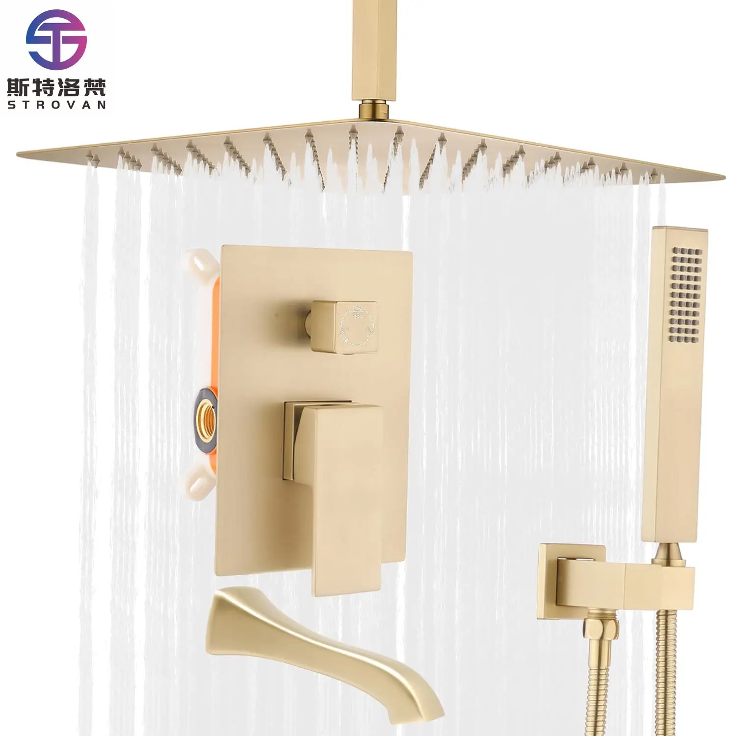 

Bathroom Ceiling Mounted Tub Shower Faucet Brushed Gold 12 Inches Rain Shower System Set with Tub Spout