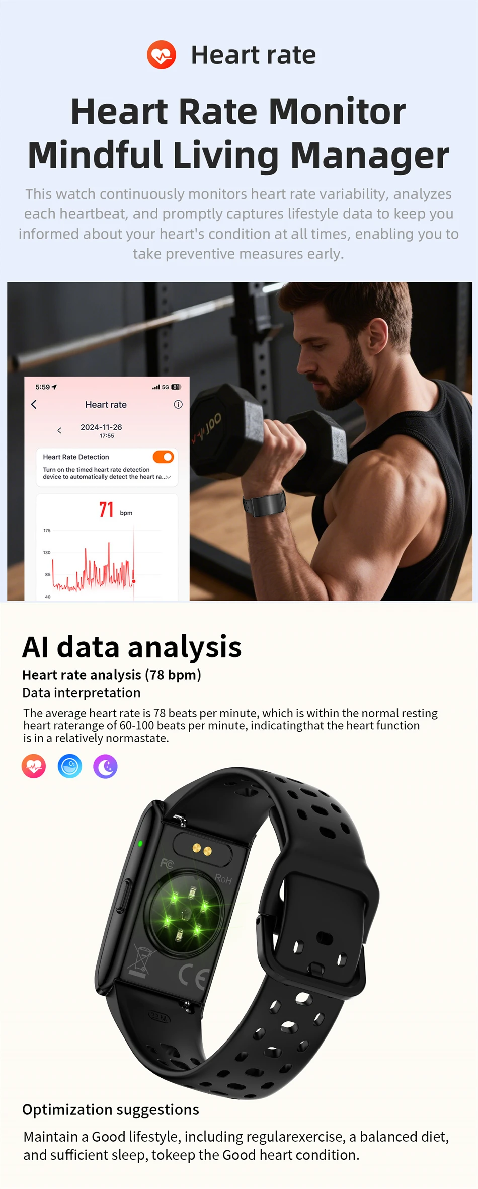 Neue GPS-Track AI Gesundheit Armband Herzfrequenz Blutdruck HRV Monitor Anruf Erinnerung Smart Watch Sport Band Fitness Tracker – Detail 4