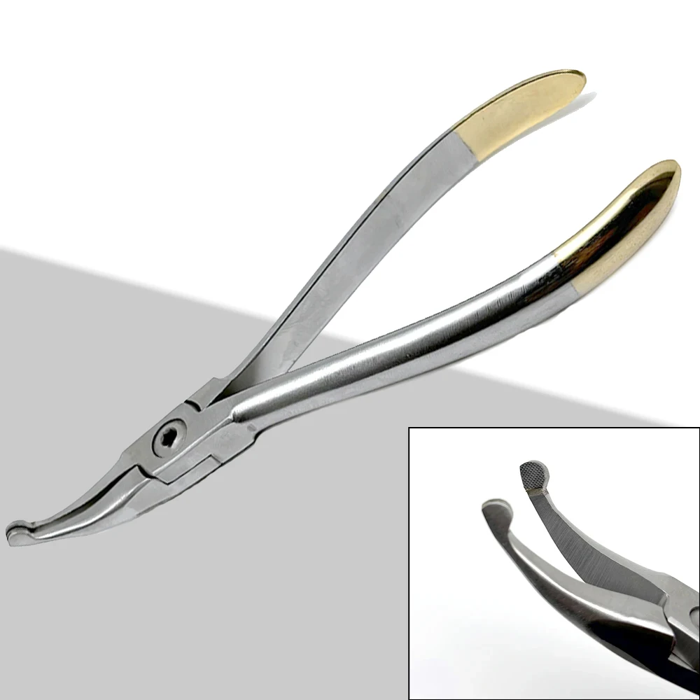 

Профессиональные стоматологические плоскогубцы, ортодонтический инструмент - изогнутый наконечник из нержавеющей стали с позолоченной ручкой для оборудования для стоматологической клиники