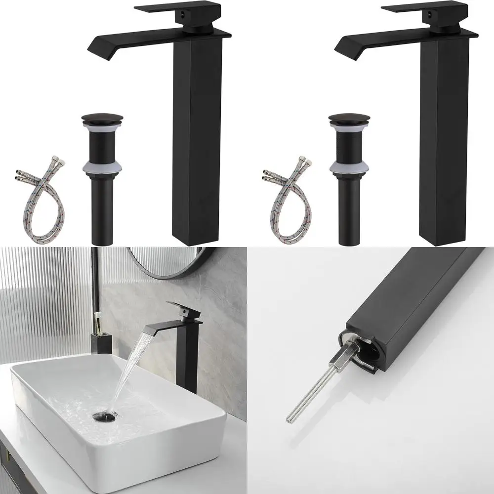 

Black Single Hole Vessel Sink Faucet with Pop-Up Drain and Supply Hose for Bathroom Vanity Basin Mixer Taps