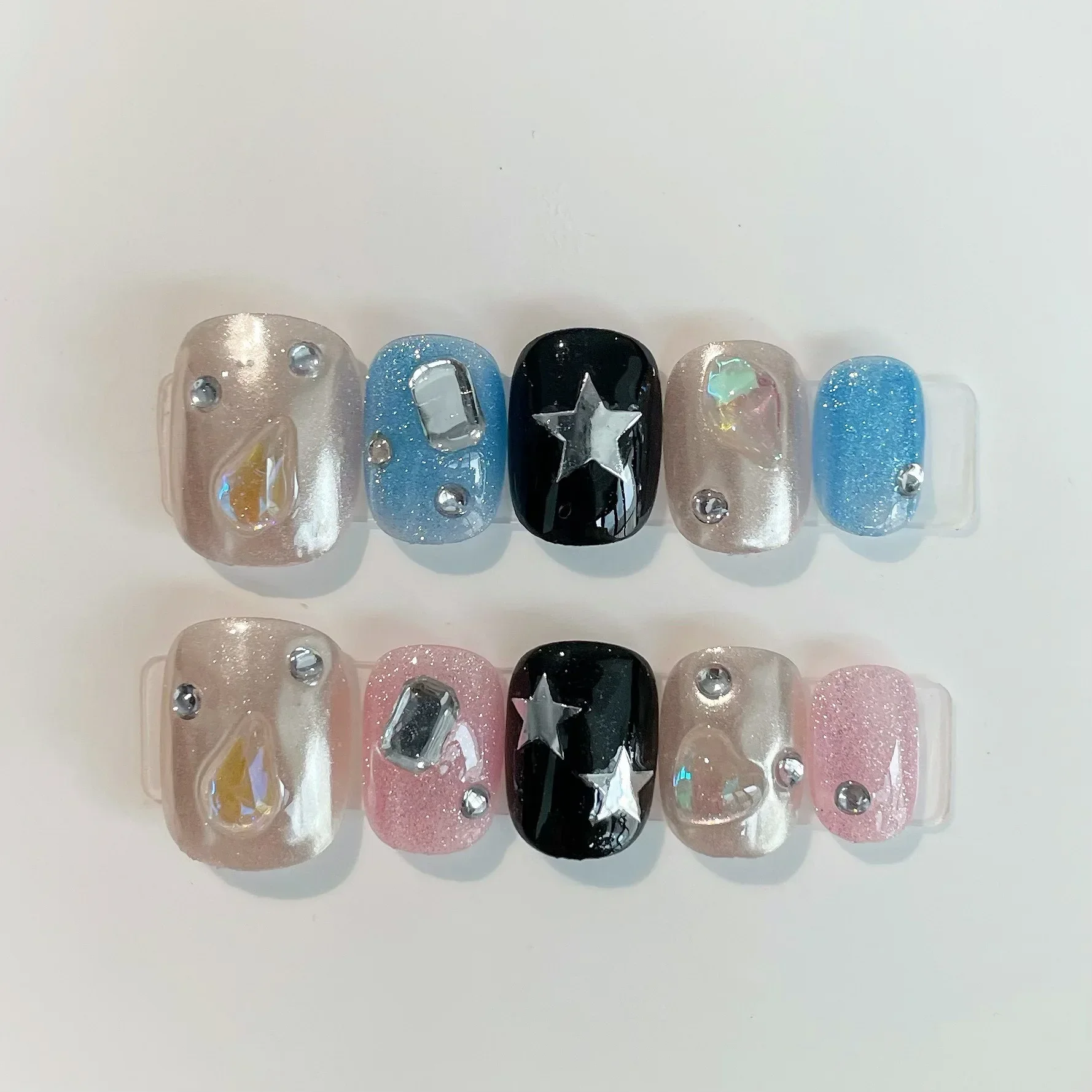 

10Pcs Handmade Press on Nails Full Cover Cat Eye Glitter Star Design Sweet French Rhinestone Ballet Wearable Fake Nail with Glue