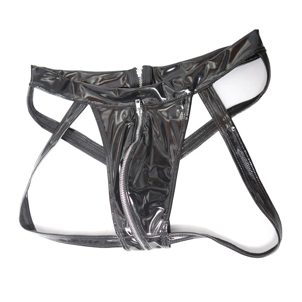 Men Sexy Briefs Customized Faux Leather T Shorts Strapes Full Zip Crotch Black Stylish