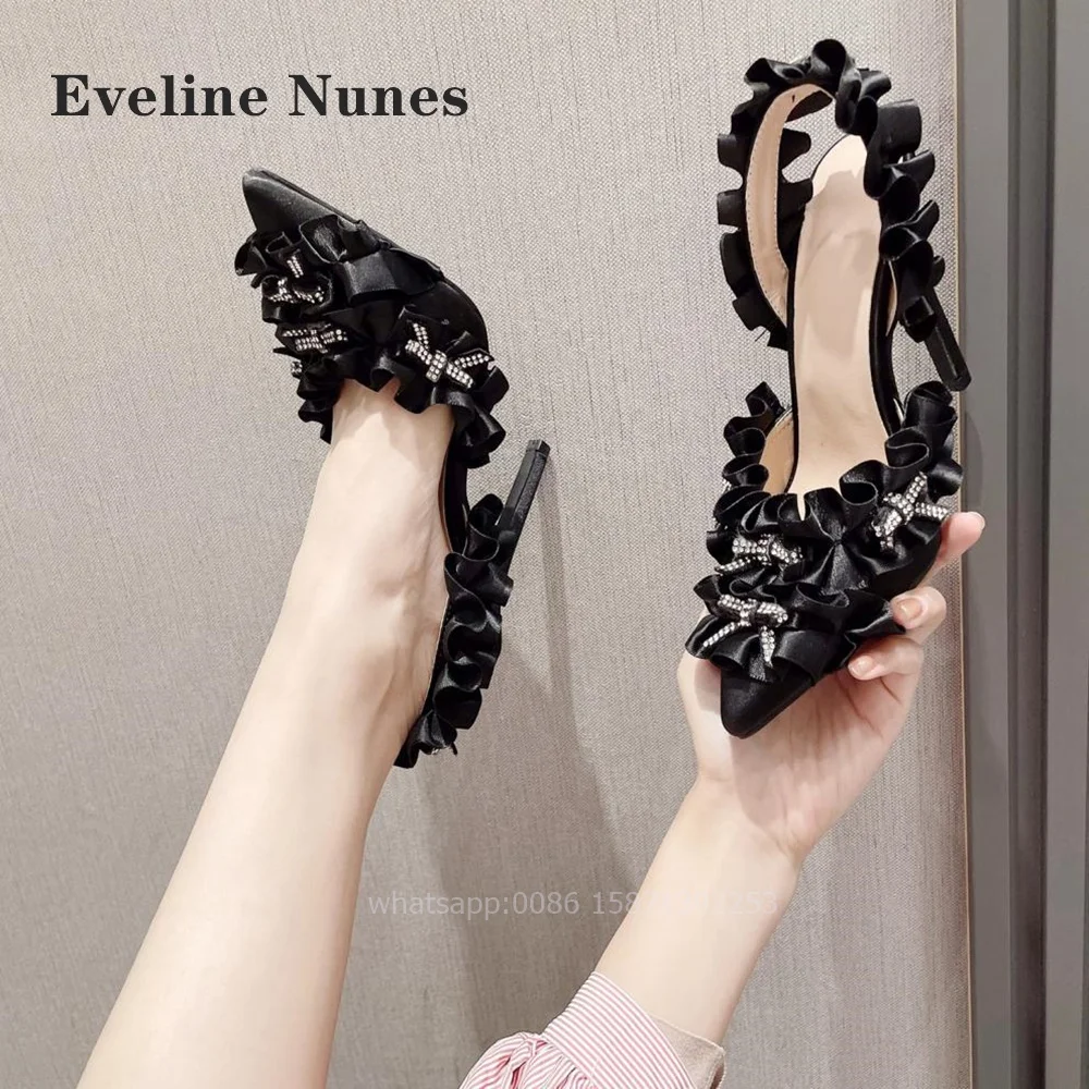 Bow Rhinestone Ruffled Pleated Pumps Pointed Toe Thin Heels Side Air Back Strap Pink Women Sandals Slingback Slip On Sweet Shoes