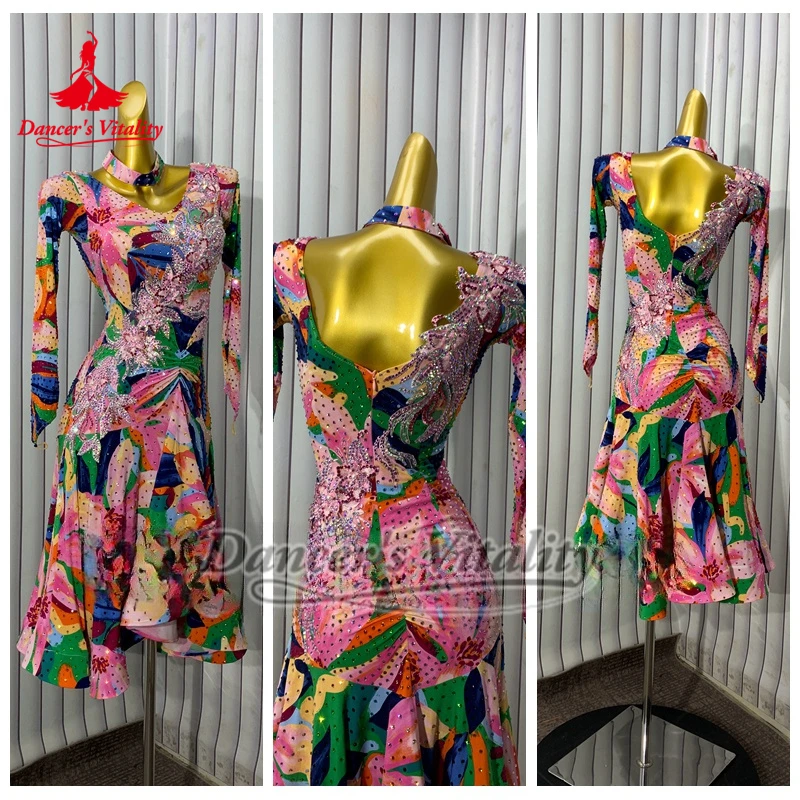 Latin Long Sleeves V-shaped Back Dancing Dresses Included Necklace Advanced Customized Dancer's Vitality Chacha Samba Clothing